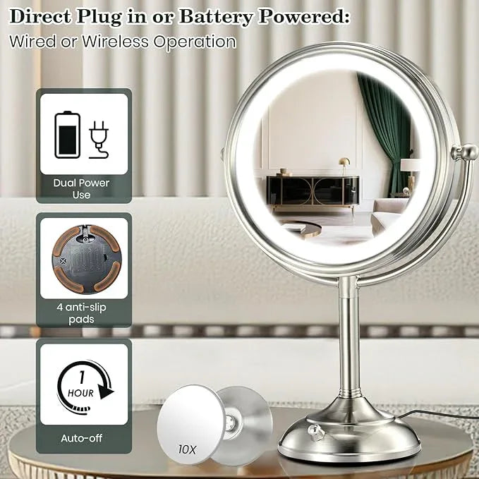 VESAUR 11.8" Extra Large 17" Tall Lighted Makeup Mirror, 1X/5X/10X 3-Sided Magnifying Mirror with 96 LEDs, 3 Color Dimmable Lights, 360° Swivel Dual Power Vanity Mirror, Nickel Finish Luxury Gift Box - ModernBath