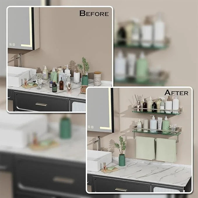 Glass Shelf for Bathroom Wall Sheves 24 inch Rectangular Stainless Steel Tempered Glass Modern Stainless Steel Wall Mount Accessories Organizers Storage (Brushed Nickel, 24‘’) - ModernBath
