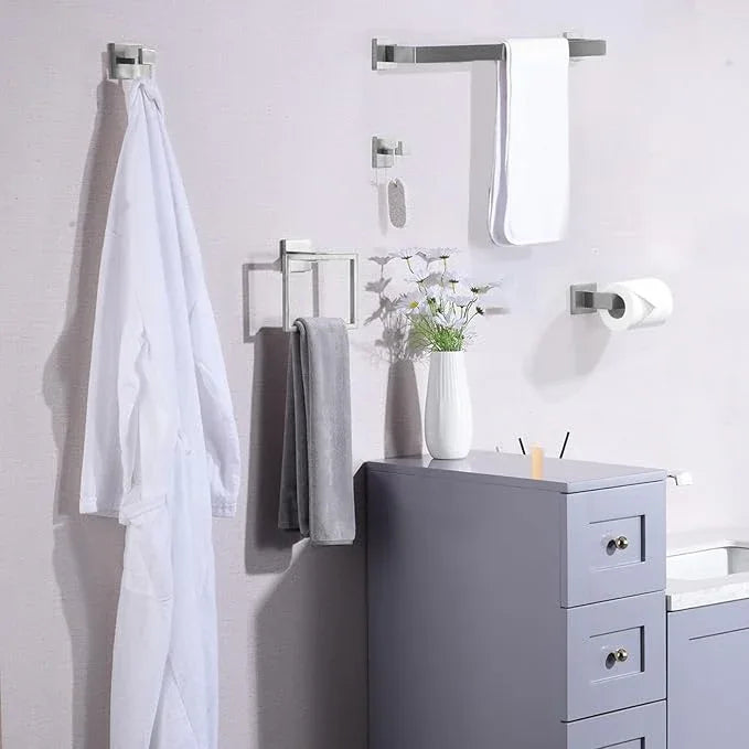 Bathroom Hardware Set Brushed Nickel,16 inch 5-Piece Towel Bar Wall Mount Modern Bathroom Accessories Include Towel Rack,Toilet Paper Holder,2*Robe Hook - ModernBath