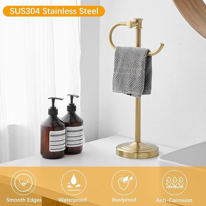 BESy 17 Inch Brushed Gold Stand Towel Bar Hanger Hand Towel Bar Bathroom Vanity Countertop Towel Holder Free Standing Stainless Steel Towel Ring Hardware Accessories Towel Rack - ModernBath