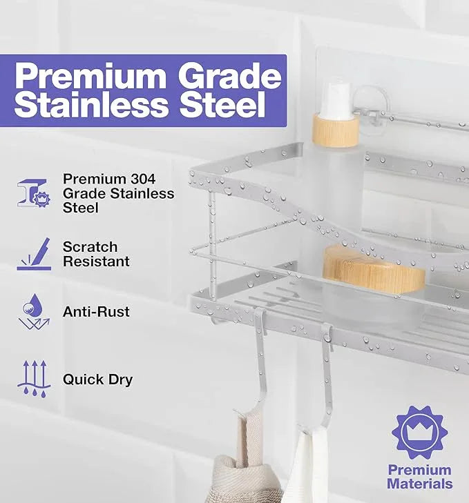 KINCMAX Shower Caddy and Soap Holder, Rustproof SUS304 Stainless Steel, Adhesive Wall Mount Double Baskets 3-pack with Hooks (Polished Silver) - ModernBath