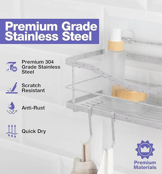 KINCMAX Shower Caddy and Soap Holder, Rustproof SUS304 Stainless Steel, Adhesive Wall Mount Double Baskets 3-pack with Hooks (Polished Silver) - ModernBath