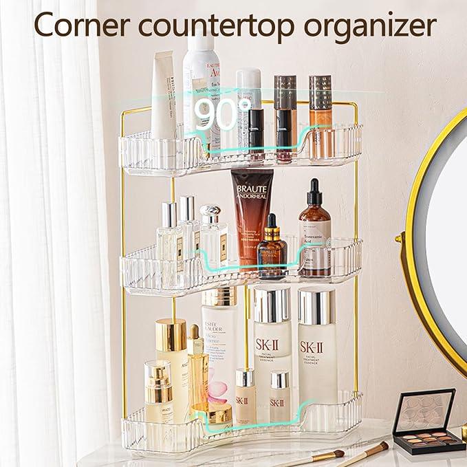 shuang qing 3-Tier Corner Bathroom Counter Organizer – Storage Shelf for Makeup, Perfume & Skincare, Space-Saving Countertop Tray Fits Bathroom, Dresser, Kitchen (White) - ModernBath