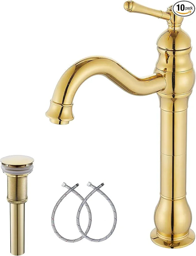 GGStudy 360 Swivel Single-Handle One Hole Bathroom Vessel Sink Faucet Matching Pop Up Drain Polished Gold Farmhouse Vanity Faucet - ModernBath