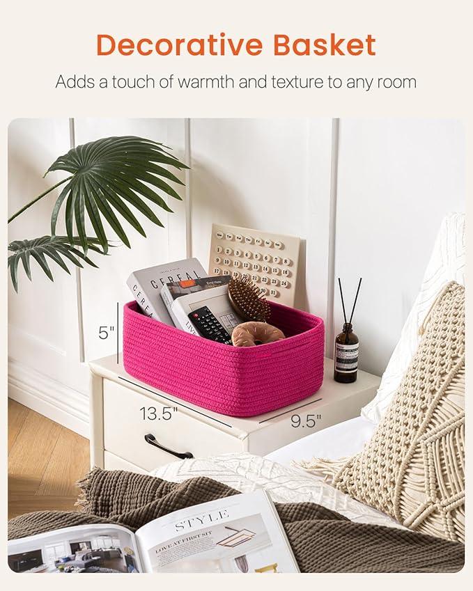 Small Woven Basket, 13.5 x 9.5 x 5 Inches, Storage Basket for Organizing, Cute Small Rope Shelf Closet Cube Storage Bins Baskets for Shelves, Dog Toy Gift Baskets Empty, 3 Packs, Hot Pink - ModernBath
