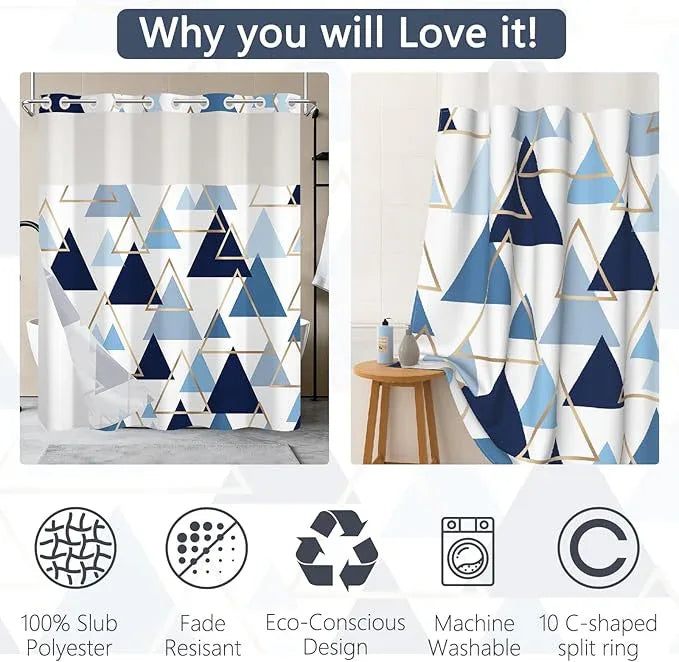 NAEMBCU No Hook Geometric Shower Curtain with Snap-in Liner, Blue and Gold Triangle Bath Curtain with See Through Top, Waterproof Double Layer for Bathroom Decor, 71 x 74 Inch - ModernBath
