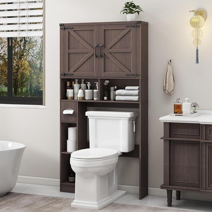 Vabches Over The Toilet Storage Cabinet, Farmhouse Storage Cabinet Over Toilet with 2 Barn Doors && Toilet Paper Holder Stand，Home Space-Saving Toilet Rack, for Laundry, Restroom, Bathroom.(Espresso) - ModernBath