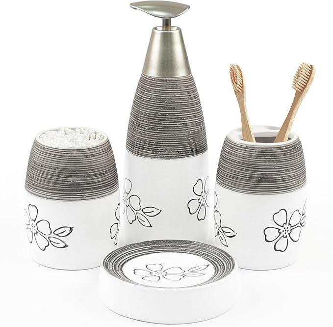 CERBIOR Bathroom Accessories Set,4 Pcs Ceramic Bathroom Decor Accessory,Includes Toothbrush Holder, Toothbrush Cup, Soap Dish for Decorative Countertop and Housewarming Gift, (White Flower) - ModernBath