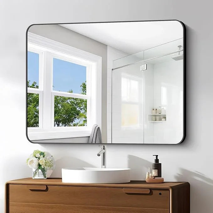 BONEWEI 30x40 inch Bathroom Mirror,Black Rectangle Mirror,Wall Mounted Bathroom Frame Vanity Mirror with Round Corner for Bedroom Living Room, Entryway Hangs Horizontal or Vertical - ModernBath