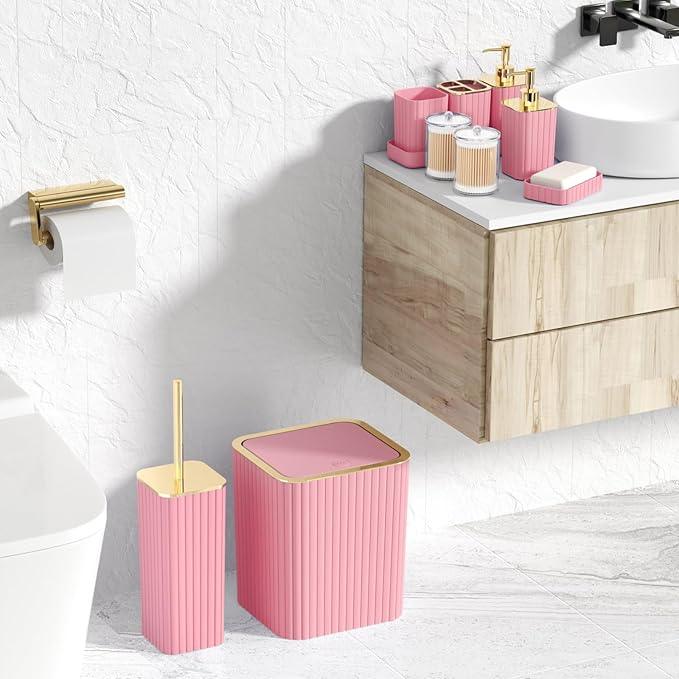 XLHOMO Pink Bathroom Accessories Set - Gorgeous Bathroom Set, 10PC Bathroom Accessory Set, Toilet Brush, Trash Can, Qtip Holder Dispenser & Soap Dispenser - ModernBath