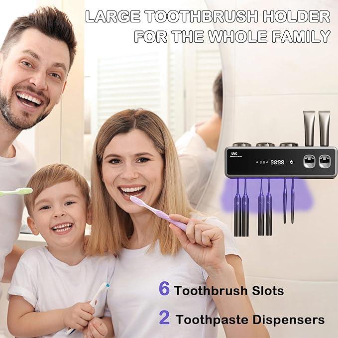 POPZJXDM Toothbrush Holders for Bathrooms,Electric Toothbrush Holder Wall Mounted - 6 Brush/3 Cup,Automatic Toothpaste Dispenser & Hot Dry,Smart Cleaning,Bathroom Storage Upgrade (Black) - ModernBath