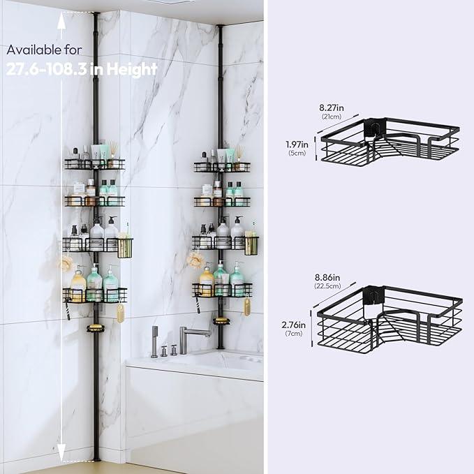 SWTYMIKI Shower Caddy Tension Pole - 4-Tier Corner Shower Organizer Tension Rod with Soap Holder, Toothbrush Holder & 4 Hooks, Adjustable Stainless Steel Bathroom Organizer 27.6 to 108.3 inch, Black - ModernBath