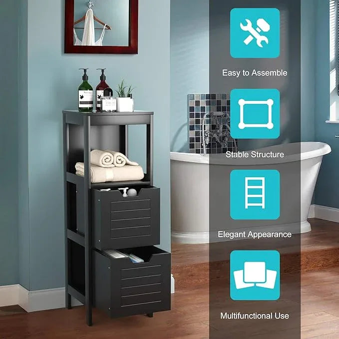 Tangkula Bathroom Floor Cabinet, Narrow Wood Storage Tower w/2 Switchable Drawers, Multifunctional Side Storage for Bathroom, Freestanding Small Cabinet for Small Spaces, 12 x 12 35 Inch (Black) - ModernBath