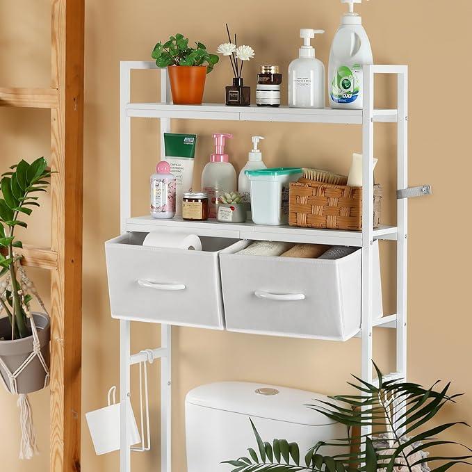YBING Over The Toilet Storage Cabinet, Over Toilet Bathroom Organizer with Drawer, Above Toilet Stand with Roll Holder and Hooks, Over Toilet Storage Shelf Cabinet, Wooden, White - ModernBath