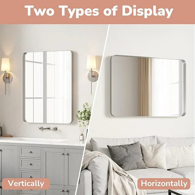 USHOWER Brushed Nickel Bathroom Mirrors 22"x30" 2 Pack, Silver Rectangle Mirrors for Over Sink, Rounded Corner, Aluminum Frame, Anti-Rust, Tempered Glass, Horizontal or Vertical Mounted - ModernBath