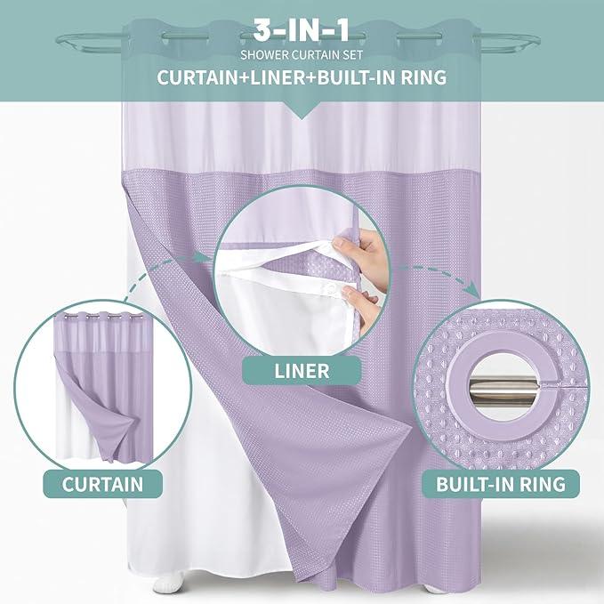 eachope Lavender No Hook Waffle Weave Shower Curtain with snap-in Liner Replacement, 230GSM Waterproof Fabric Hotel Shower Curtain Set for Bathroom, Through Mesh Top Window,71Wx74H - ModernBath
