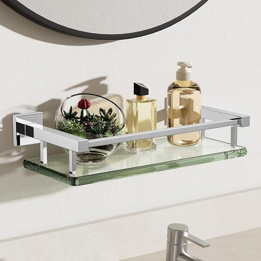 Alise Glass Shelves for Bathroom Wall, Tempered Glass Bathroom Shelf Wall Mounted, Modern Space Saving Floating Shelves 12 inch, Polished Chrome - ModernBath