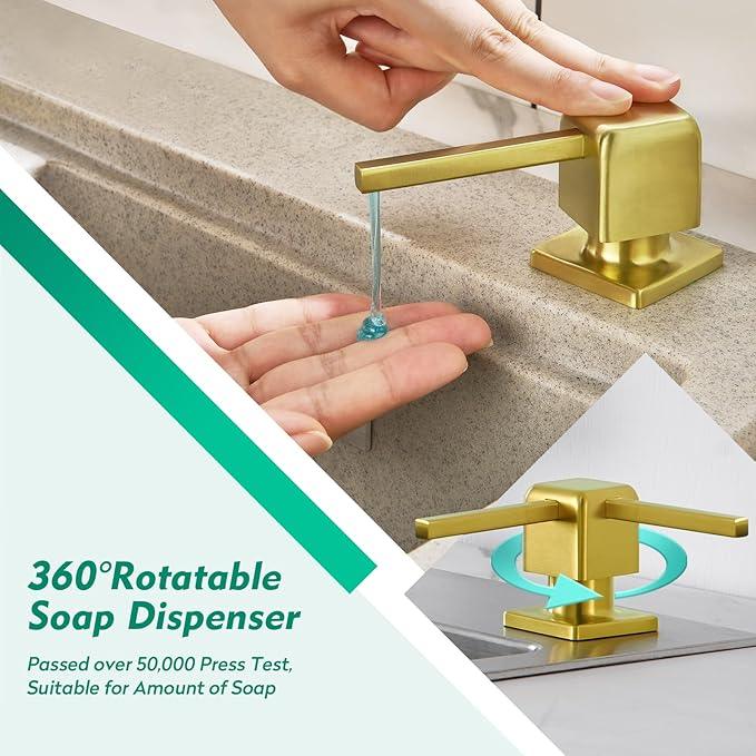 CREA Brushed Gold Soap Dispenser for Kitchen Sink, Kitchen Soap Dispenser Gold Square Built in Sink Soap Dispenser for Bathroom with 17 OZ Bottle - ModernBath