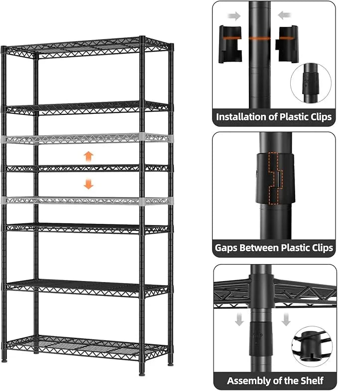 SINGAYE 6 Tier Shelf Organizer Storage Metal Shelves Garage Wire Shelving Unit Pantry Rack Shelves Bathroom Organizers and Shelf Closet Metal Kitchen 36" Dx14 Wx72 H Black - ModernBath