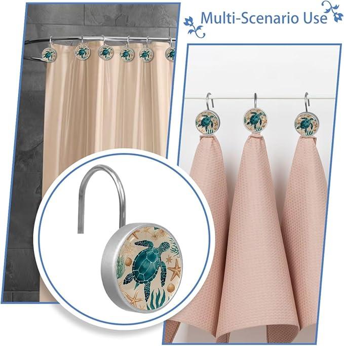 Vintage Nautical Ocean Turtle Shower Curtain Hooks, 12Pcs Decorative Rust Resistant Shower Rings for Shower Curtain Rods, Stainless Steel Round Curtain Hooks for Bathroom, Bedroom - ModernBath