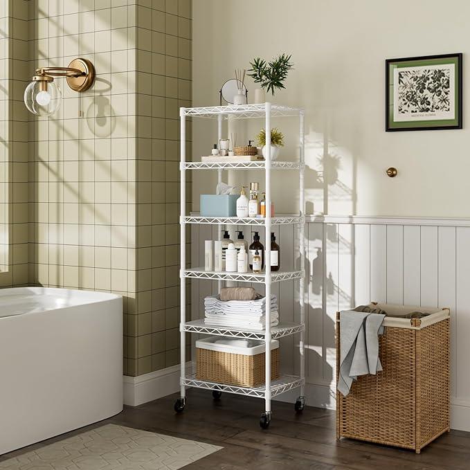 Small 6 Tier Shelf Storage Wire Shelving Unit Metal Shelves Adjustable Organizers Storage Shelving with Wheels for Bathroom Laundry Room Kitchen Pantry12”D x 18”W x 61.6”H White - ModernBath