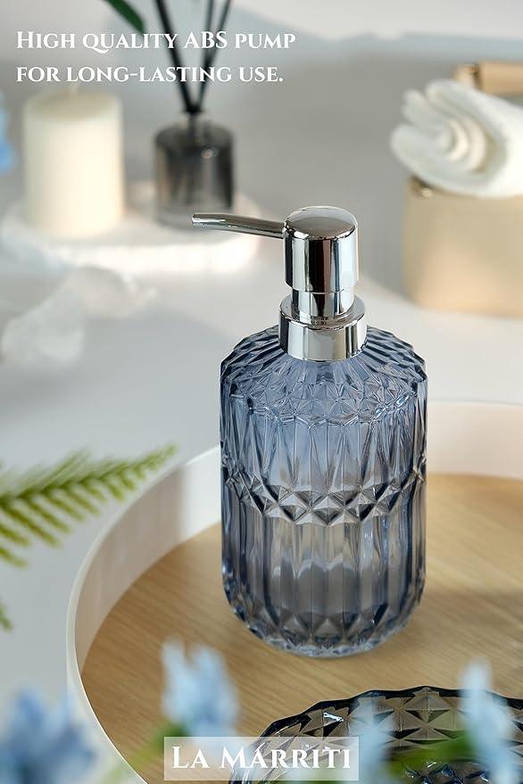 LaMarriti Blue Bathroom Accessories Set, 4Pcs Clear Glass Bathroom Accessories, Lotion Soap Dispenser Set, Toothbrush Holder, Qtips Holder, Soap Dish for Crystal Modern Bath Decor, Set - ModernBath