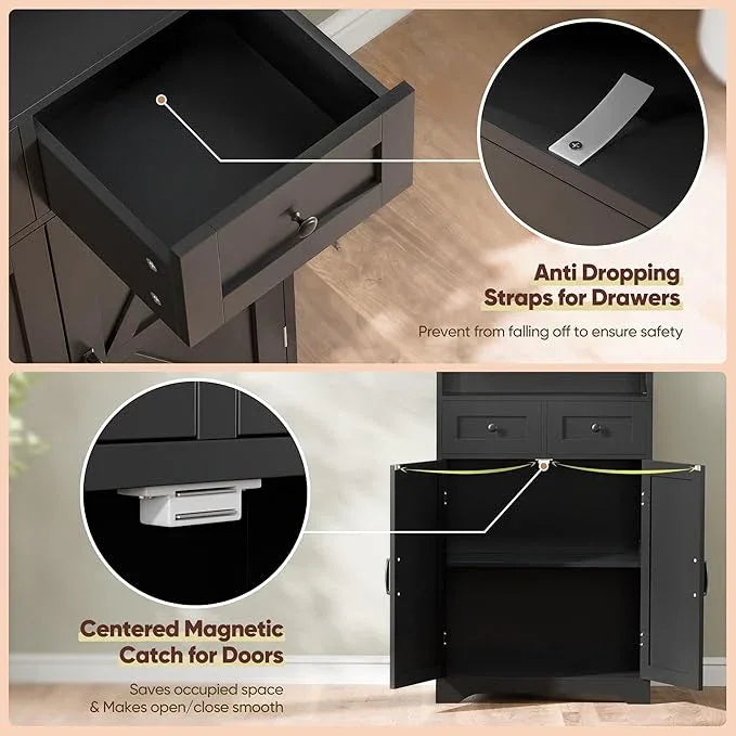 SUPER DEAL Farmhouse Storage Cabinet, Bathroom Floor Cabinet Kitchen Pantry with Doors and Drawers, Hutch Cupboard for Living Room, Bedroom, Laundry, Black - ModernBath