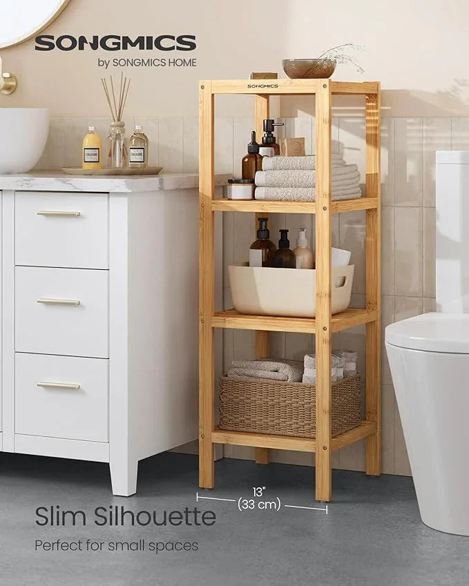 SONGMICS Bamboo Storage Shelf, 4-Tier Shelving Unit, Multifunctional, in the Entryway, Bathroom, Living Room, Balcony, Kitchen, 13 x 13 x 38.6 Inches, Light Bamboo UBCB54Y - ModernBath