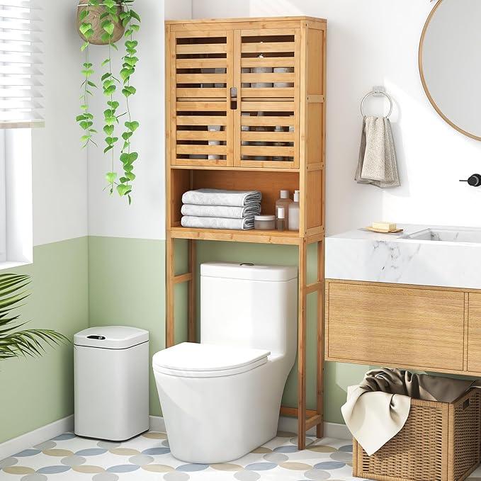 Tangkula Over The Toilet Storage Cabinet, Bamboo Bathroom Space Saver with 2 Doors, Adjustable Bottom Bar, Open Shelf, Freestanding Bathroom Cabinet Organizer Above Toilet for Restroom, Laundry Room - ModernBath