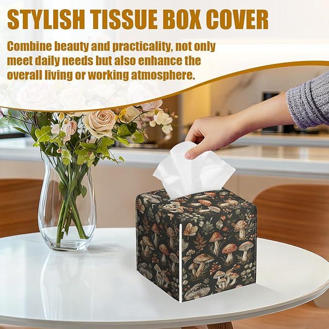 Vintage Mushroom Tissue Box Cover 2PCS, Leather Tissue Box Holder Square Facial Paper Case Tissue Box Cube Organizer for Bathroom Bedroom Desk Office - ModernBath