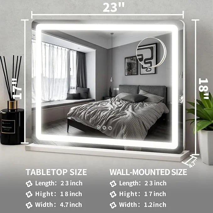 ROLOVE 23x18 Inch Vanity Mirror with Lights, 3-Color Modes, Dimmable LED Mirror with Touch Control - Large Makeup Mirror for Dressing Room (Wall/Tabletop Mount) - ModernBath