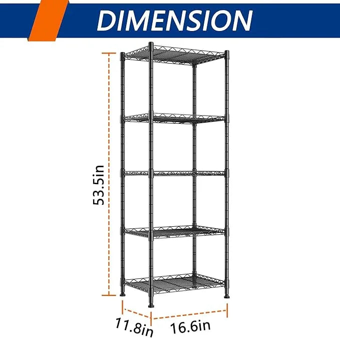 REGILLER 5-Wire Shelving Metal Storage Rack Adjustable Shelves,Standing Storage Shelf Units for Laundry Bathroom Kitchen Pantry Closet(Black,11.8" D x 16.6" W x 53.5" H) - ModernBath