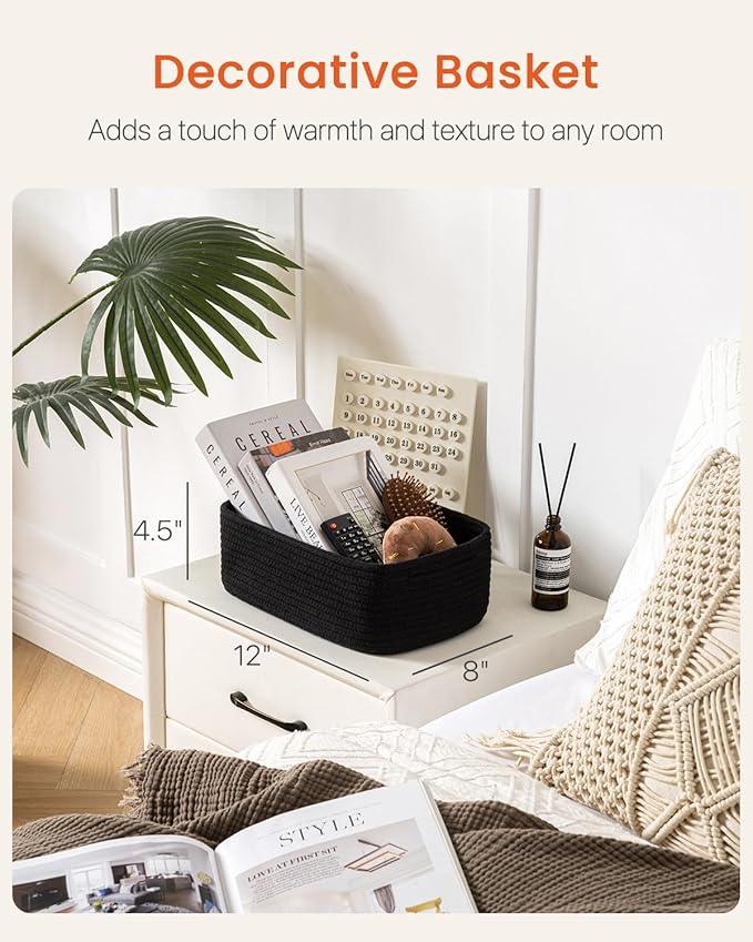 Small Woven Basket, 12 x 8 x 4.5 Inches, Storage Basket for Organizing, Cute Small Rope Shelf Closet Cube Storage Bins Baskets for Shelves, Dog Toy Gift Baskets Empty, 3 Packs, Black - ModernBath