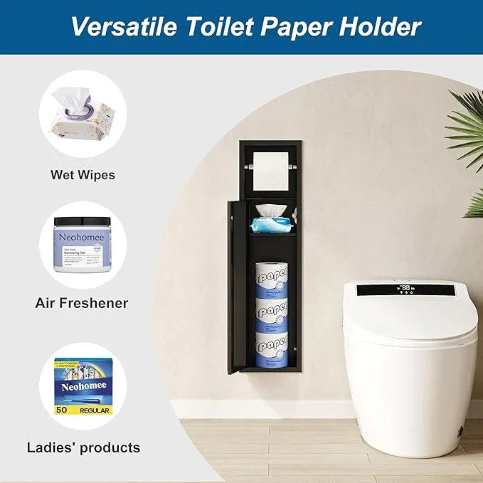 Neodrain Recessed Toilet Paper Holder, Matte Black Tissue Holder with Curved Door, 304 Stainless Steel Bathroom Storage Cabinet for Tissue Rolls, Perfect Depth fits Amarica Drywall - ModernBath