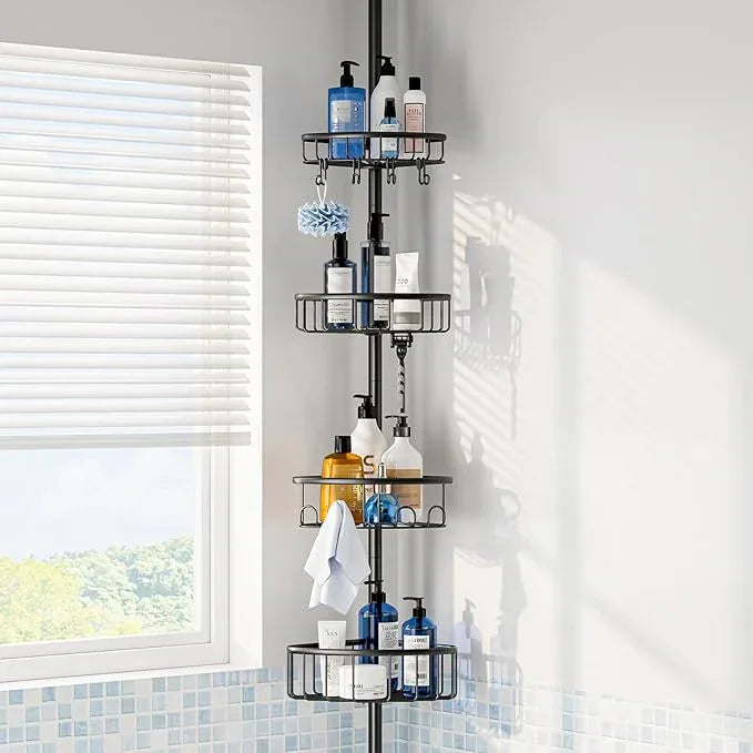 Corner Shower Caddy Tension Pole: Stainless Steel Rustproof 4-Tier Shower Organizer - 47-121 inch Adjustable Bathroom Shelves for Bathtub Shampoo Storage - Tension Rod Floor Standing Bath Rack - Black - ModernBath