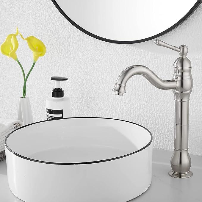 GGStudy 360° Swivel Single Handle One Hole Bathroom Vessel Sink Faucet Matching Pop Up Drain Without Overflow Brushed Nickel - ModernBath