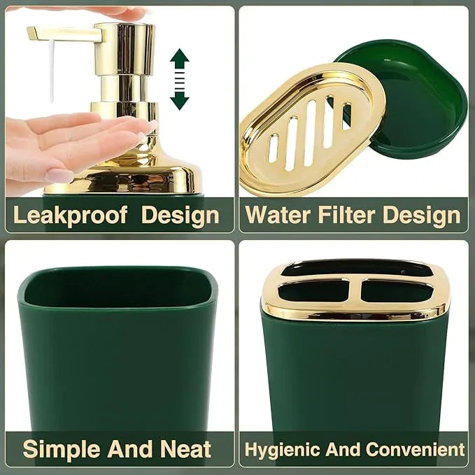 XLHOMO Bathroom Set Bathroom Accessories Set 8 Piece Green and Gold Bathroom Set, Bathroom Sets with Stainless Steel Trash Can,Toilet Brush,Toothbrush Set,Soap Dispenser - ModernBath