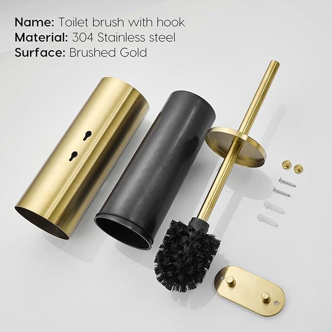 Gold Brushed Stainless Steel Toilet Brush and Cover, No-Punch Hook Base Dual Purpose Toilet Brush Holder with Removable Inner Bucket and Splash Cover - Soft Bristles (Brushed Gold) - ModernBath