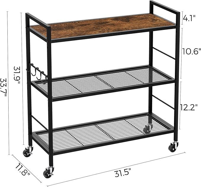 3-Tier Metal Storage Rack with Industrial Wheels,Mesh Shelving Unit with Wooden Table top,Adjustable Shelf,31.5-Inch Width, for Kitchen, Laundry,Pantry,Plant,Black - ModernBath