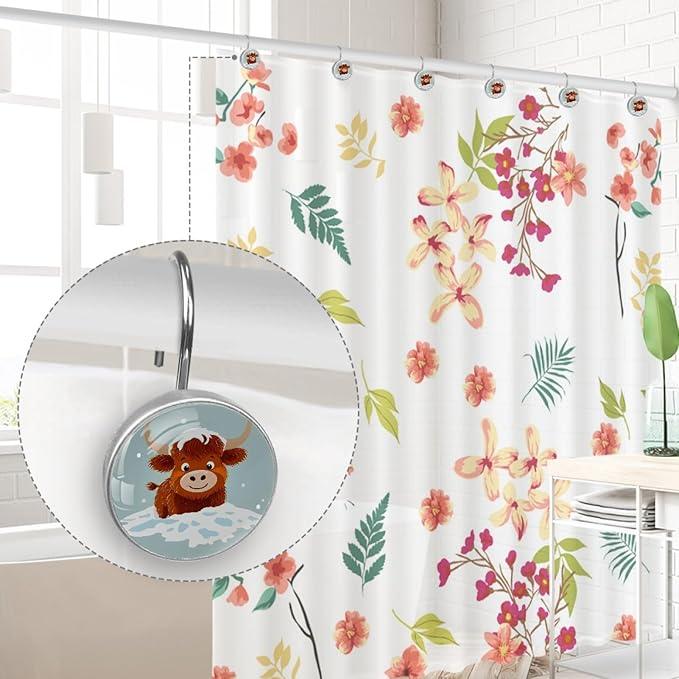 Cartoon Snow Highland Calf Shower Curtain Hooks Rings, Stainless Steel Rust Proof Shower Curtain Hooks, Decorative Shower Hooks for Bathroom Shower Rods Curtains, Set of 12 - ModernBath