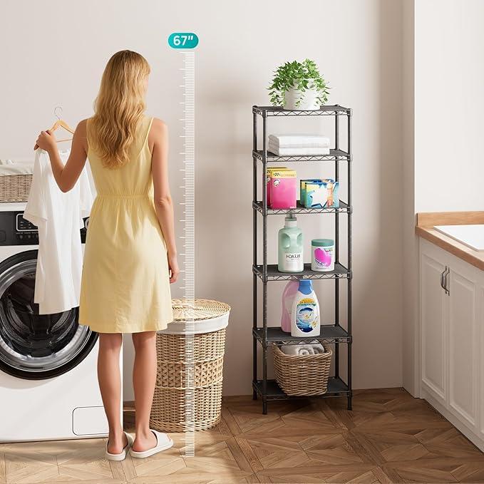 SINGAYE 6 Shelves Bathroom Organizers and Storage Shelf Wire Closet Metal Pantry Kitchen Small Garage Shelving Unit Laundry Room Organization Home Tall Rack Balck 10" D x 16" W x 60”H - ModernBath