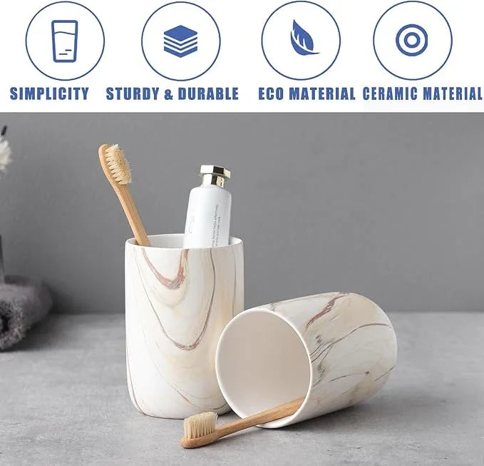 Brown Marble Toothbrush Holders - Ceramic Toothbrush Holders for Bathrooms, Toothbrush Toothpaste Holders, 2 Marble Bathroom Tumbler Cups Reusable Toothbrush Mouthwash Cup, Bathroom Counter Organizer - ModernBath