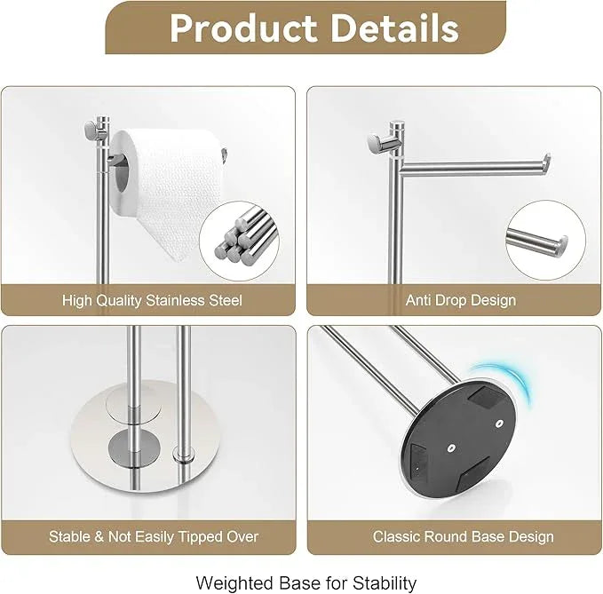 BGL Toilet Paper Holder Stand, SUS304 Stainless Steel Brushed Nickel, Weighted Base, Holds 5 Jumbo Rolls, Space-Saving Modern Bathroom Storage with Built-in Hook - ModernBath