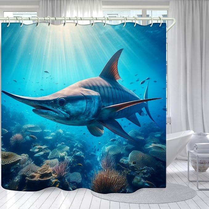 LYFANS Bathroom Using Undersea Swordfish 3D Shower Curtains, Luxury Bathtub Standard Shower Curtain, Waterproof and Bright Fabric Shower Curtain, Size (72x72 Inches) - ModernBath