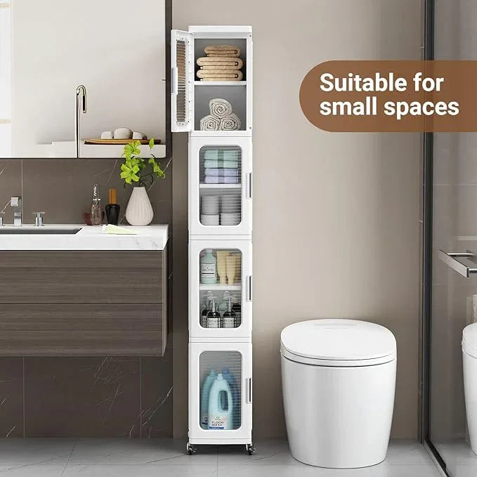 BROVIEW 3-Tier Tall Narrow Storage Cabinet Organizer, Slim Bathroom Cabinets with Adjustable Shelves and Doors, Plastic Kitchen Pantry Organizers and Storages for Small Space, Laundry, White - ModernBath