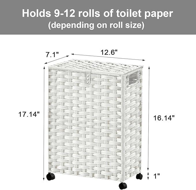 Hiagnete Toilet Paper Storage Basket with Lid and Wheels, Rattan Toilet Paper Holder Storage, Toilet Paper Organizer for Bathroom, Bedroom, Kitchen, 12.6”L x 7.1”W x 17.14”H, White - ModernBath
