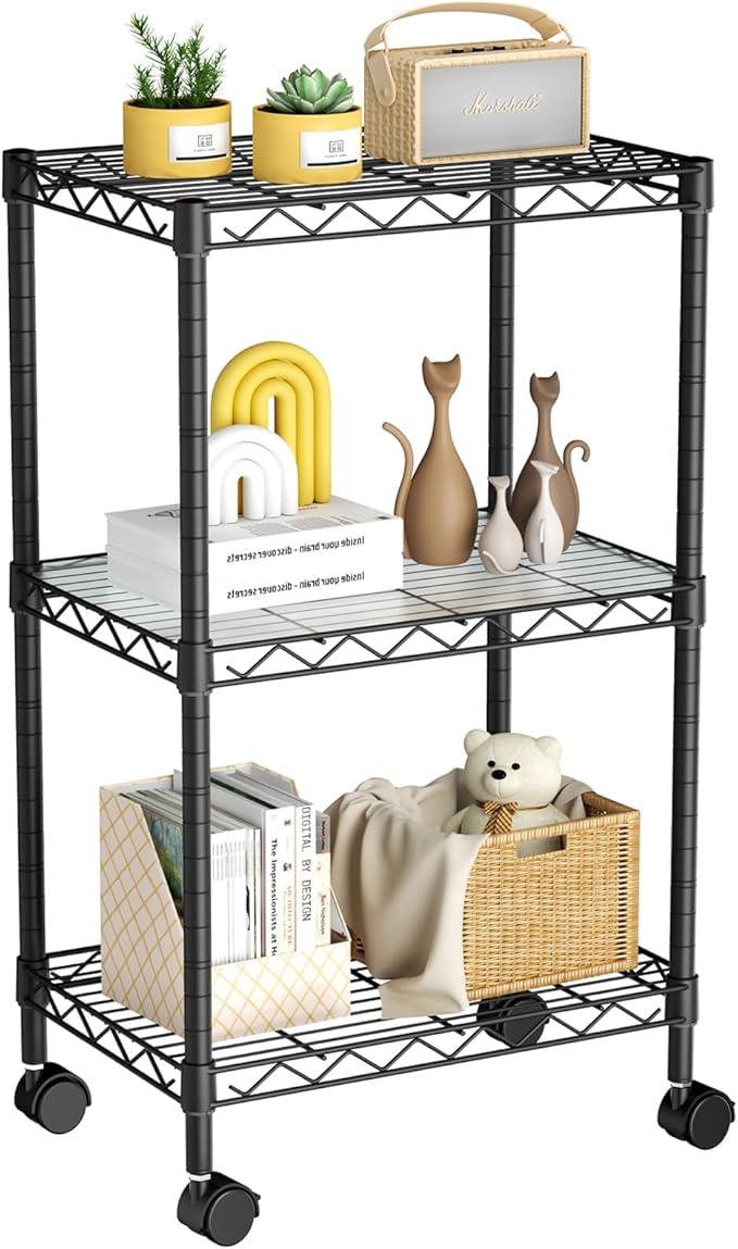 Small 3 Tier Shelves Storage Wire Shelving Unit Metal Shelf Adjustable Organizers Storage Shelving with Wheels for Bathroom Laundry Room Kitchen Pantry12”D x 18”W x 30.7”H Black - ModernBath