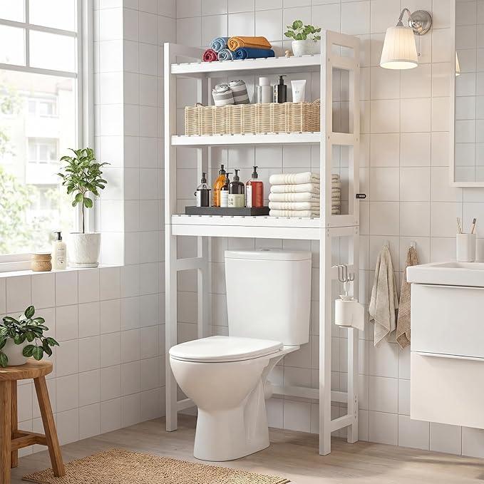 Homykic Over The Toilet Storage, Bamboo 3-Tier Over Toilet Bathroom Organizer with 3 Hooks, Freestanding Bathroom Shelves, Bathroom Organizer and Storage, Easy to Assemble, White - ModernBath