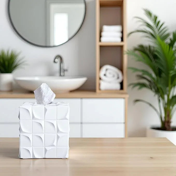 Huitony Square Tissue Box Cover Decorative Kleenex Box Holder for Bathroom & Living Room with Handcrafted Texture (White) - ModernBath