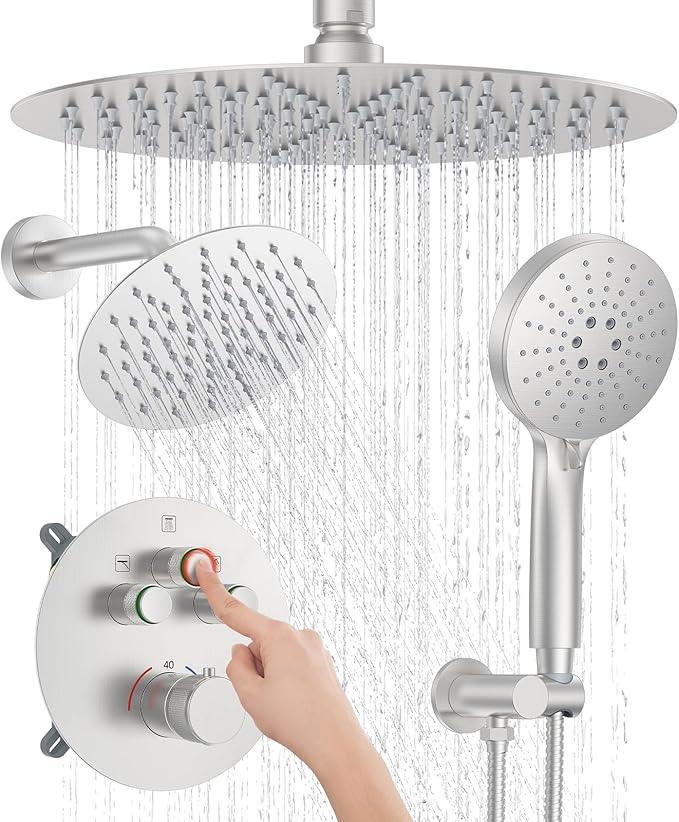 KOJOX Brushed Nickel Thermostatic Shower System, Push Button Diverter Shower Faucet Set with 12" Ceiling Mount Rain Shower, 8" Wall Mount Shower Head, and 3-in-1 Handheld Spray - ModernBath